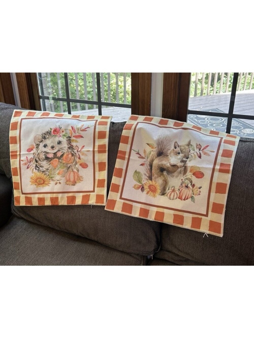 Set of 2 Fall Pillowcases 17.5” Square Covers Squirrel & Hedgehog Cottage Core